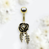 14G Gold Clear Gem Centered Rose with Leaflets Belly Button Ring. Belly Ring. Navel Ring.